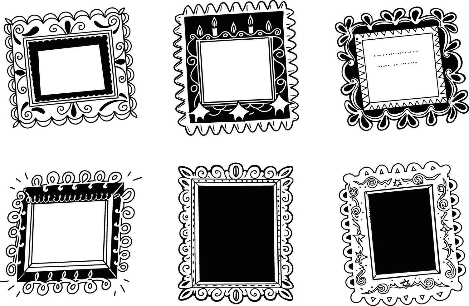 Collection of whimsical hand drawn decorative frames black and white vector