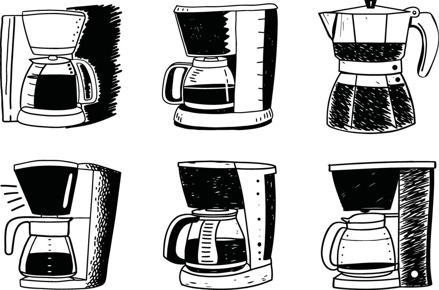 Hand drawn collection of coffee makers in various styles black and white vector