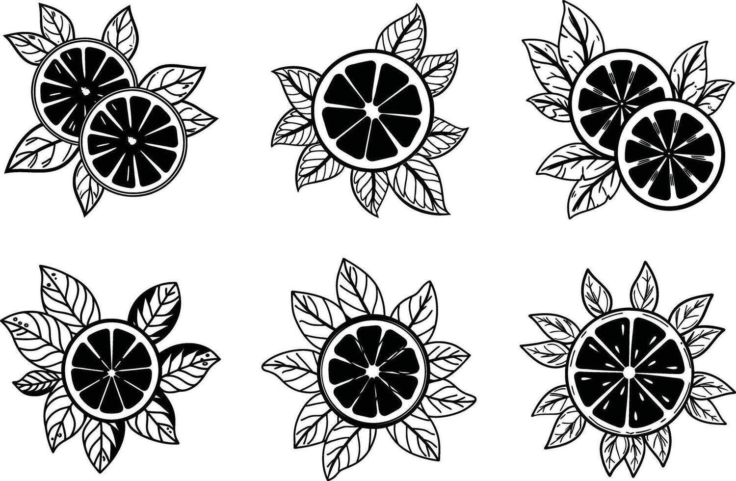 Seamless pattern of black and white citrus slices surrounded by leaves vector