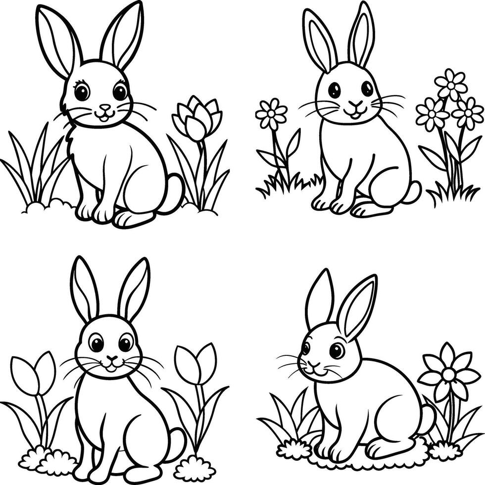 Cute bunny rabbit line art illustrations with flowers for easter and spring designs vector