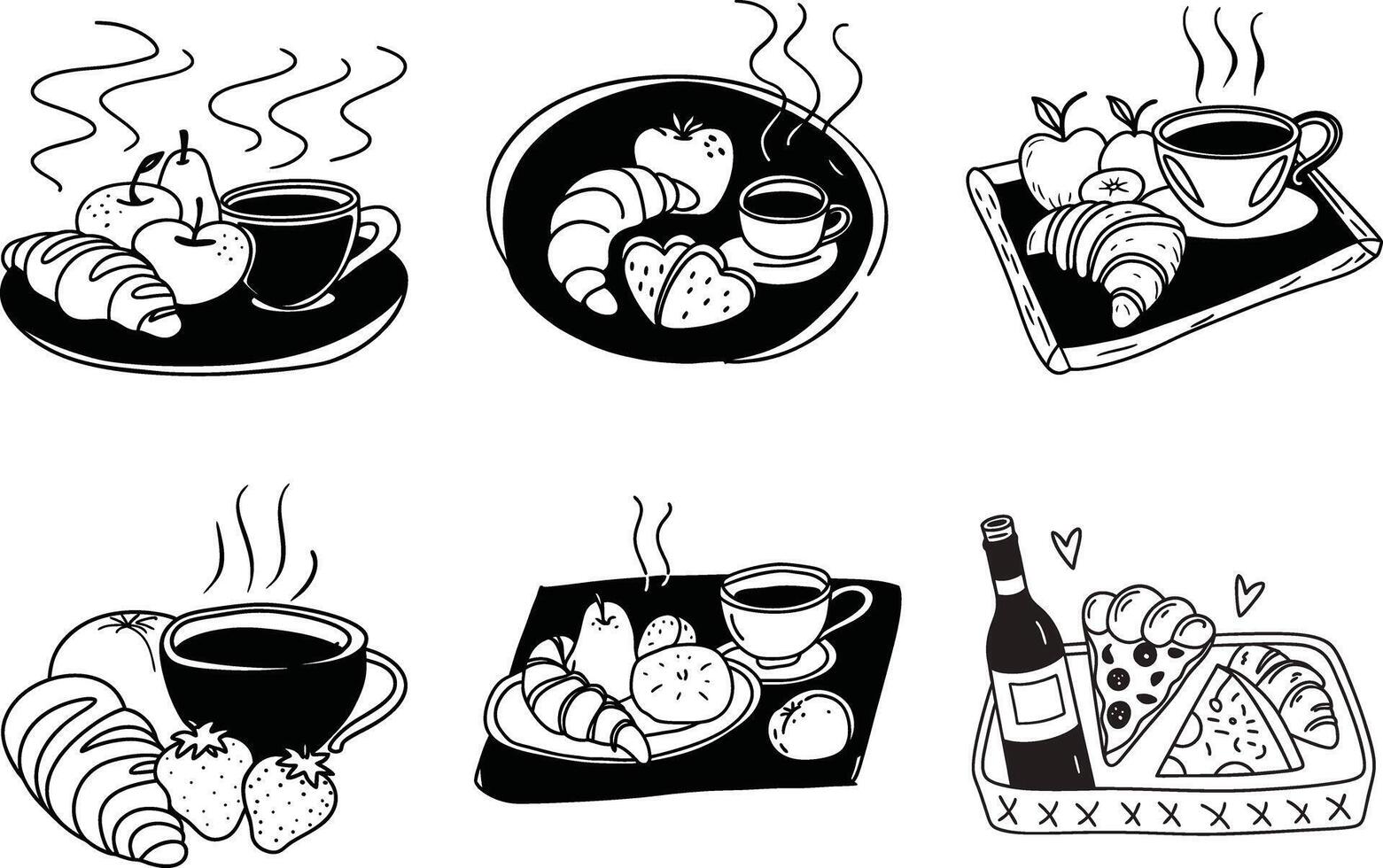 Hand drawn breakfast food set illustration black and white vector