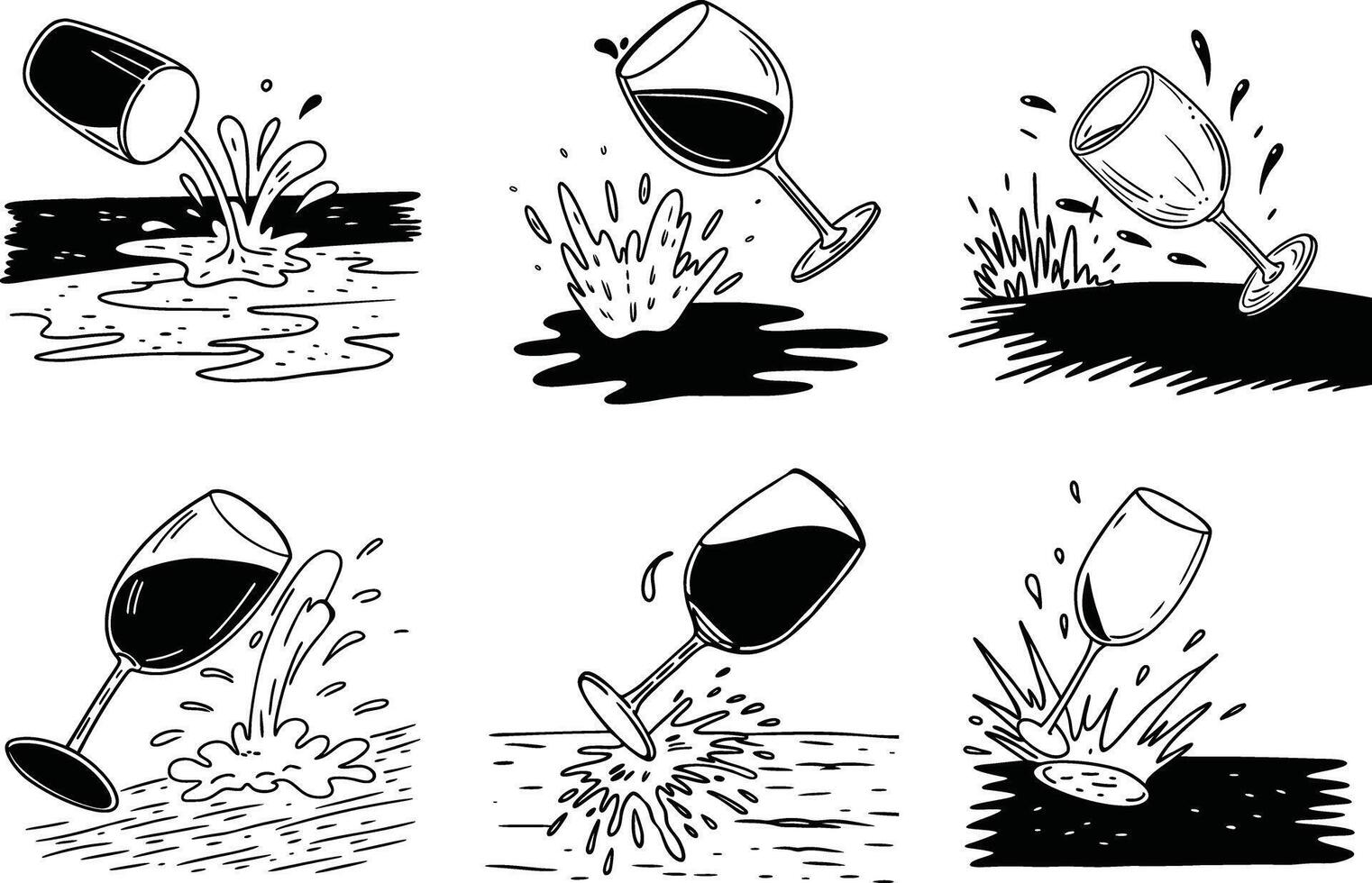 Wine spills hand drawn illustrations set with splashes and drops isolated on white vector
