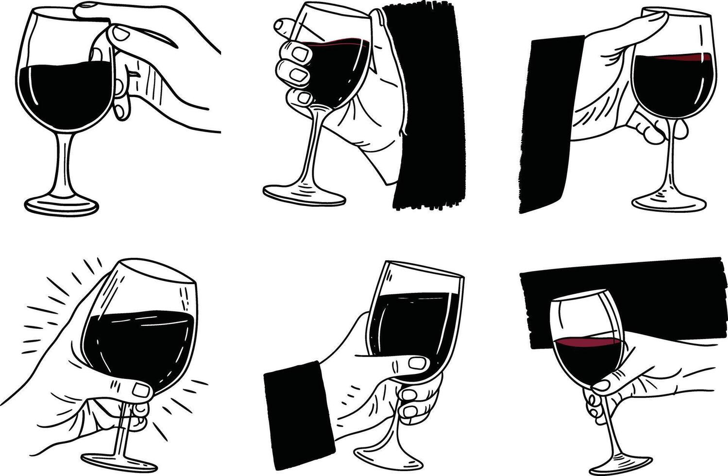 Set of hand drawn illustrations hands holding a wine glass vector