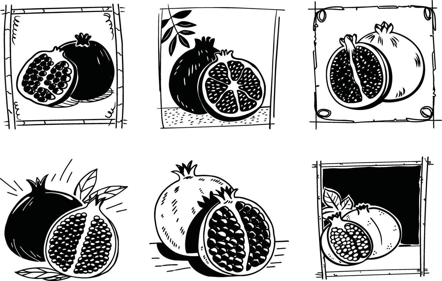 Pomegranate fruit illustrations in black and white hand drawn sketch style vector