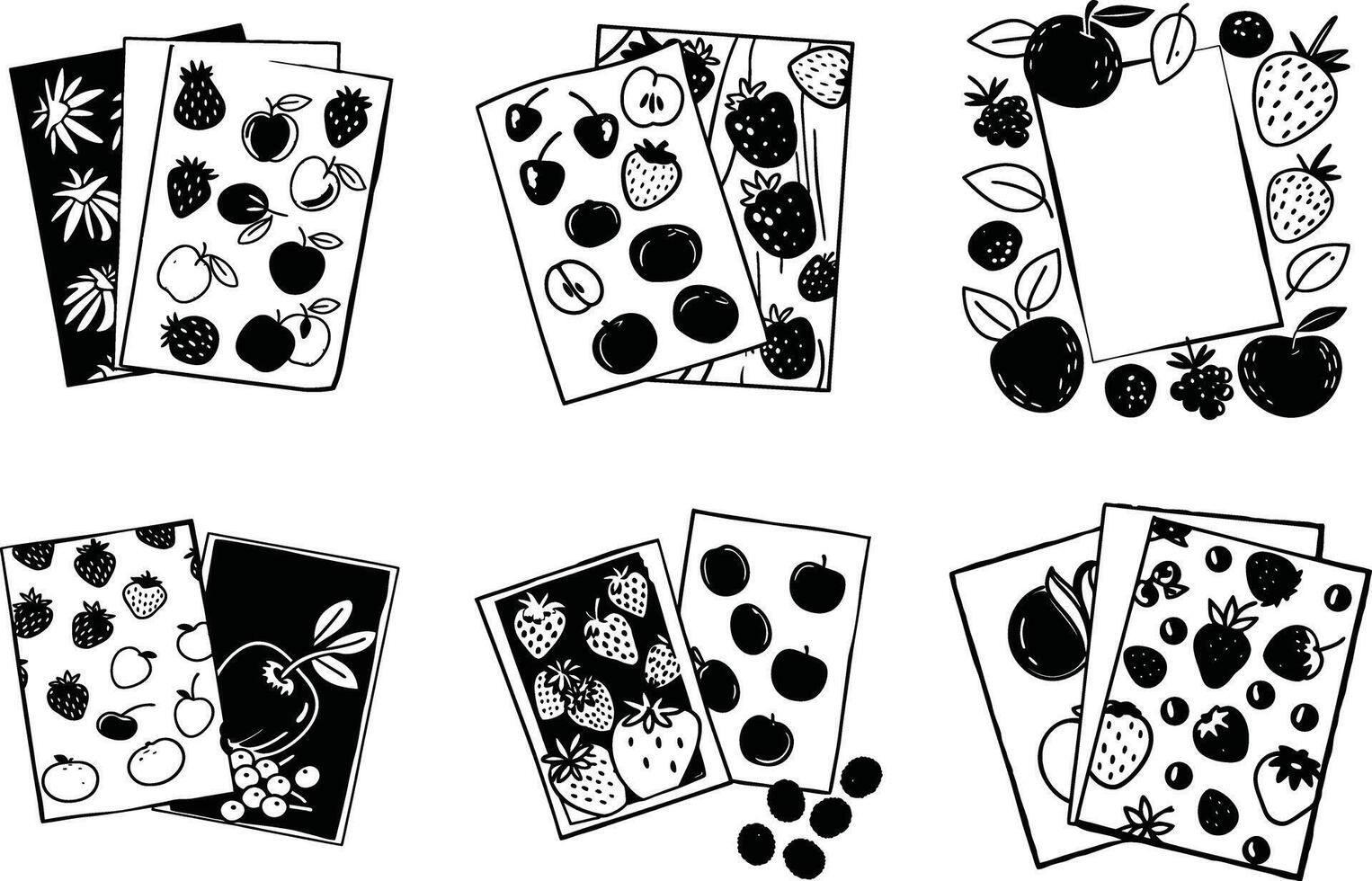 Hand drawn black and white fruit flashcards with apple cherry strawberry illustration vector