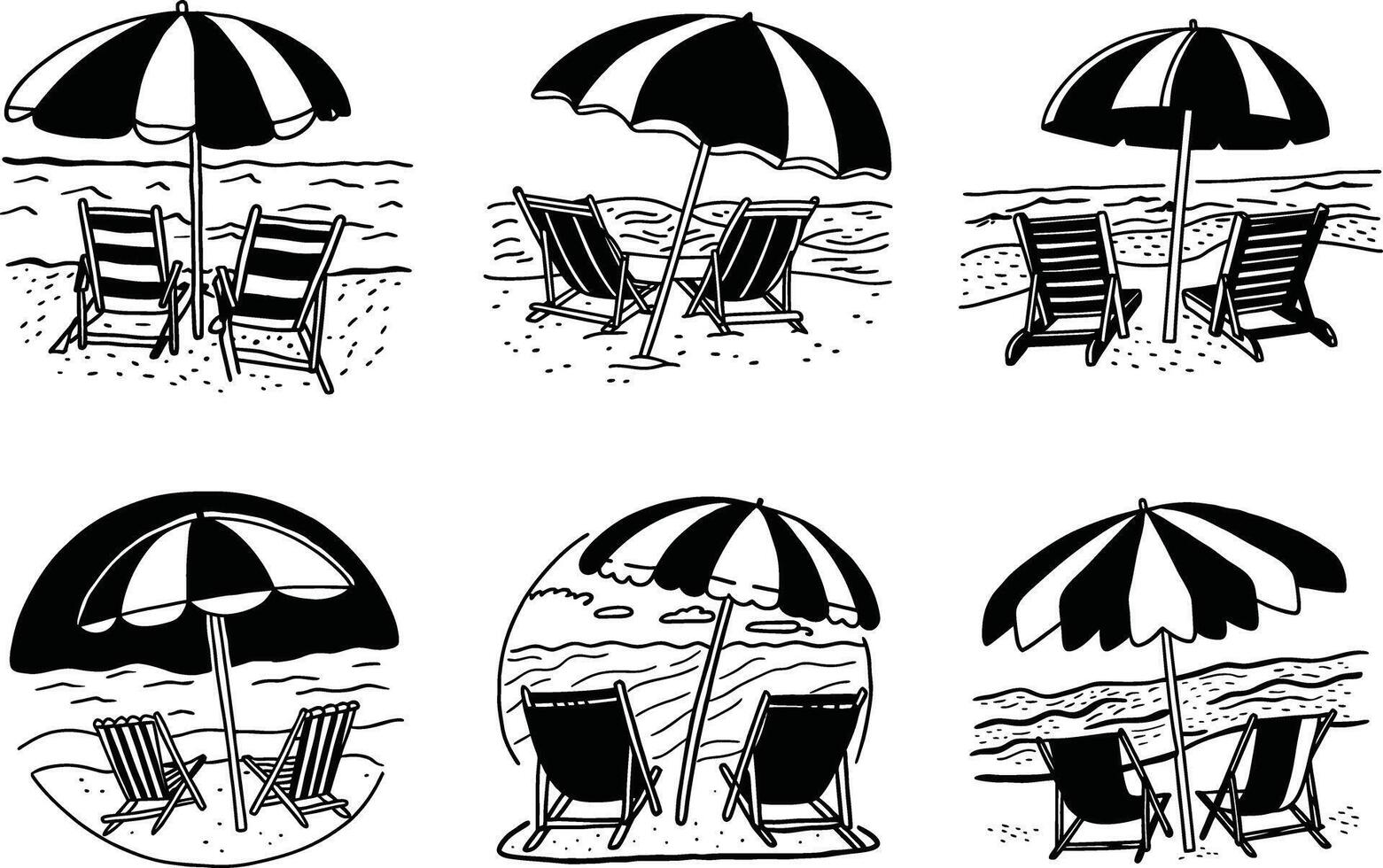 Monochrome beach scene with chairs and umbrellas black and white illustration vector