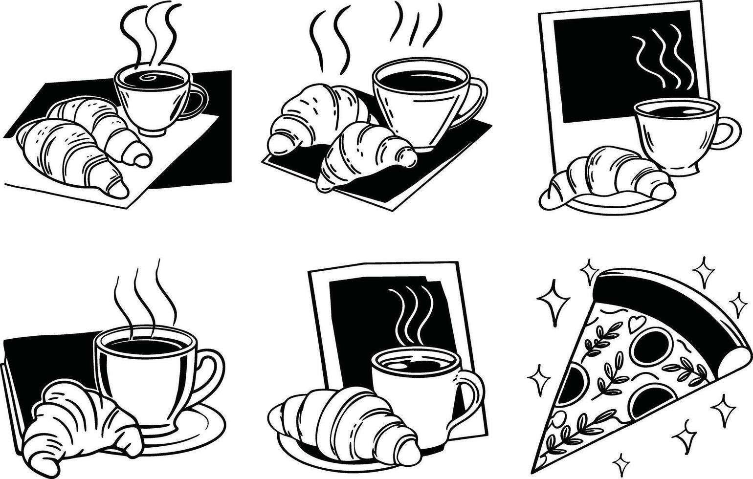 Black and white doodle pattern with coffee croissants and pizza slice vector