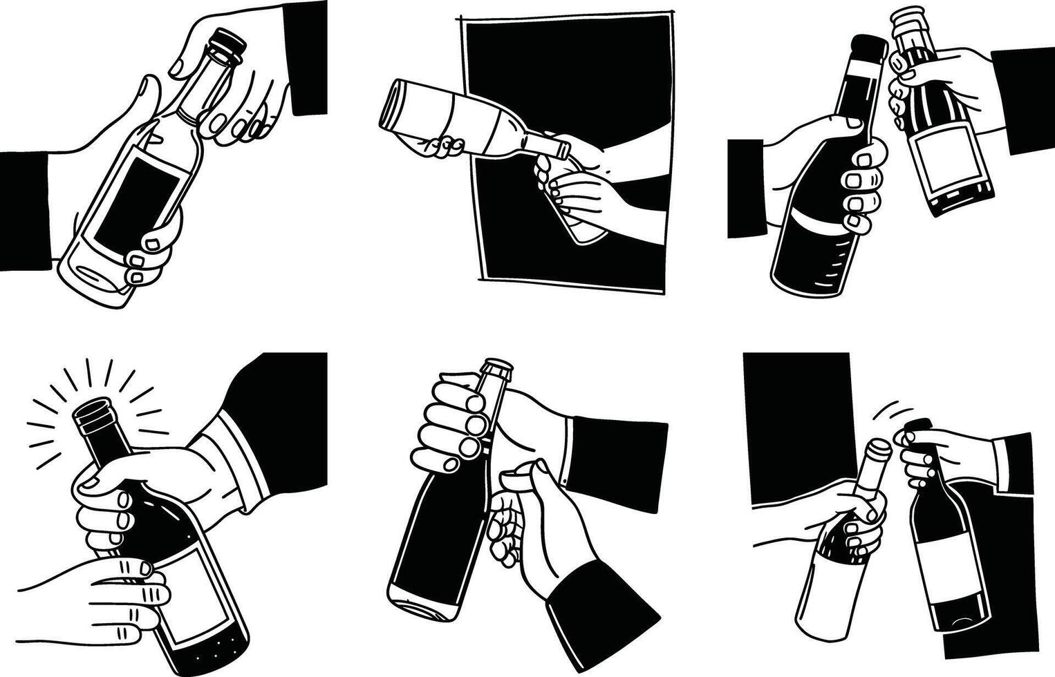 Monochrome illustration of hands opening and handling various bottles vector