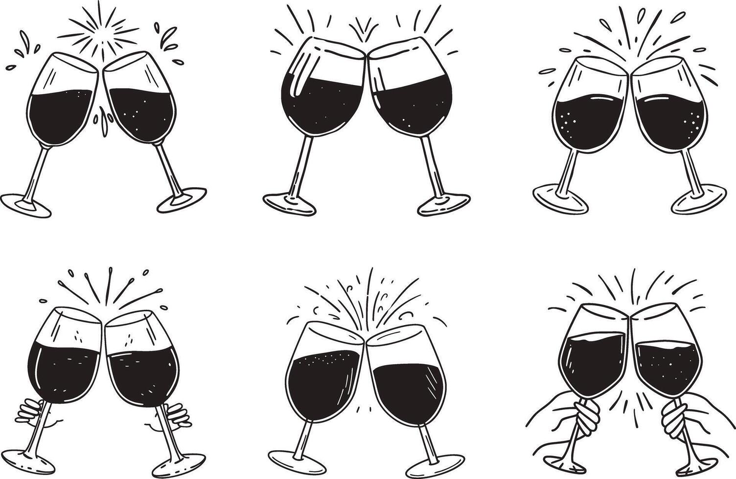 Hand drawn clinking wine glasses set celebration toast doodle style vector