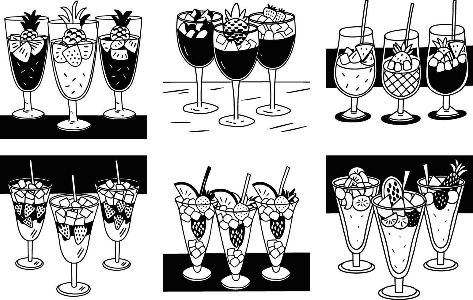 Black and white illustration of fruit parfaits and tropical drinks in different glassware vector