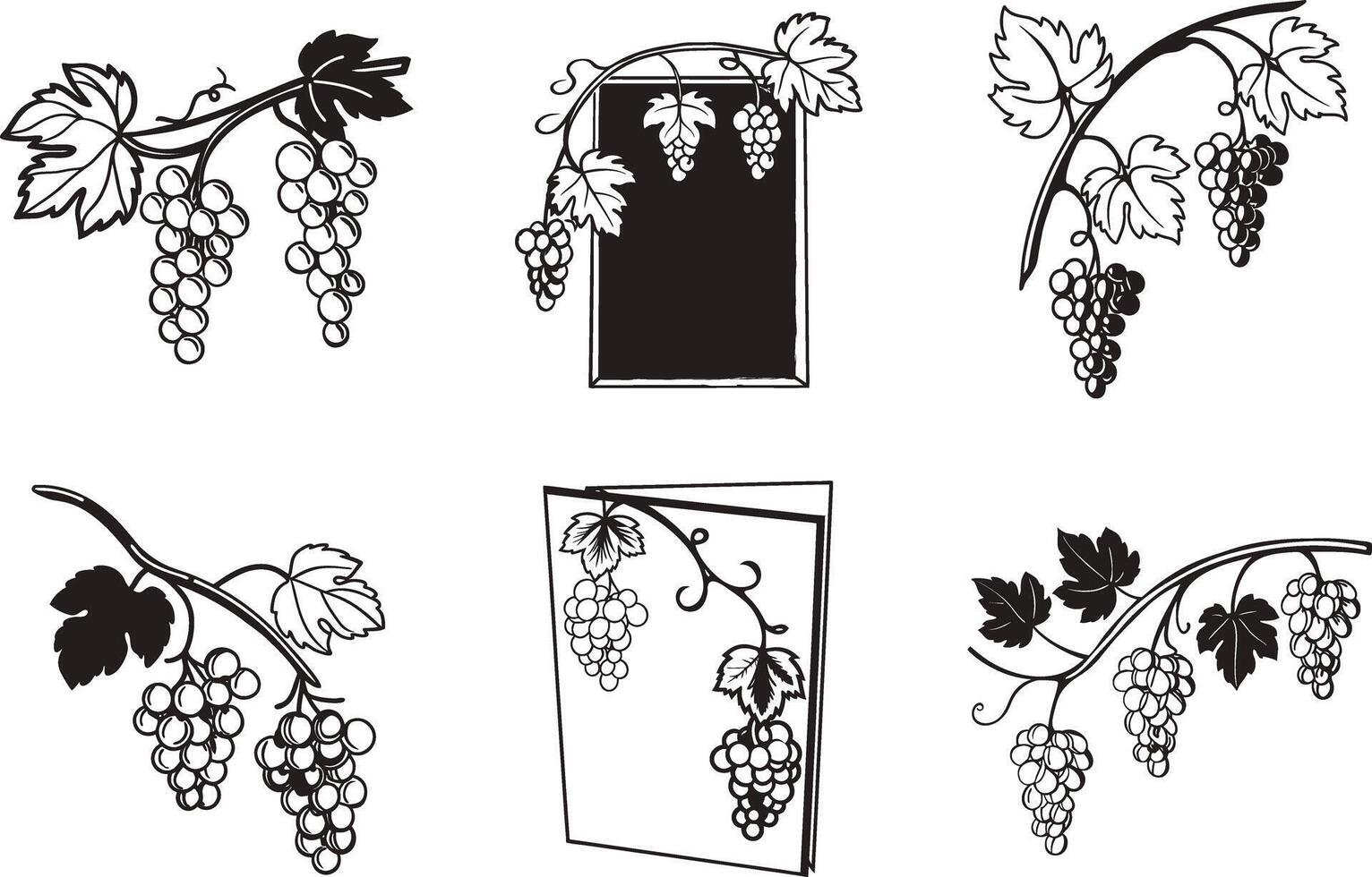 Grapevine silhouette set featuring borders and branches with leaves and clusters vector