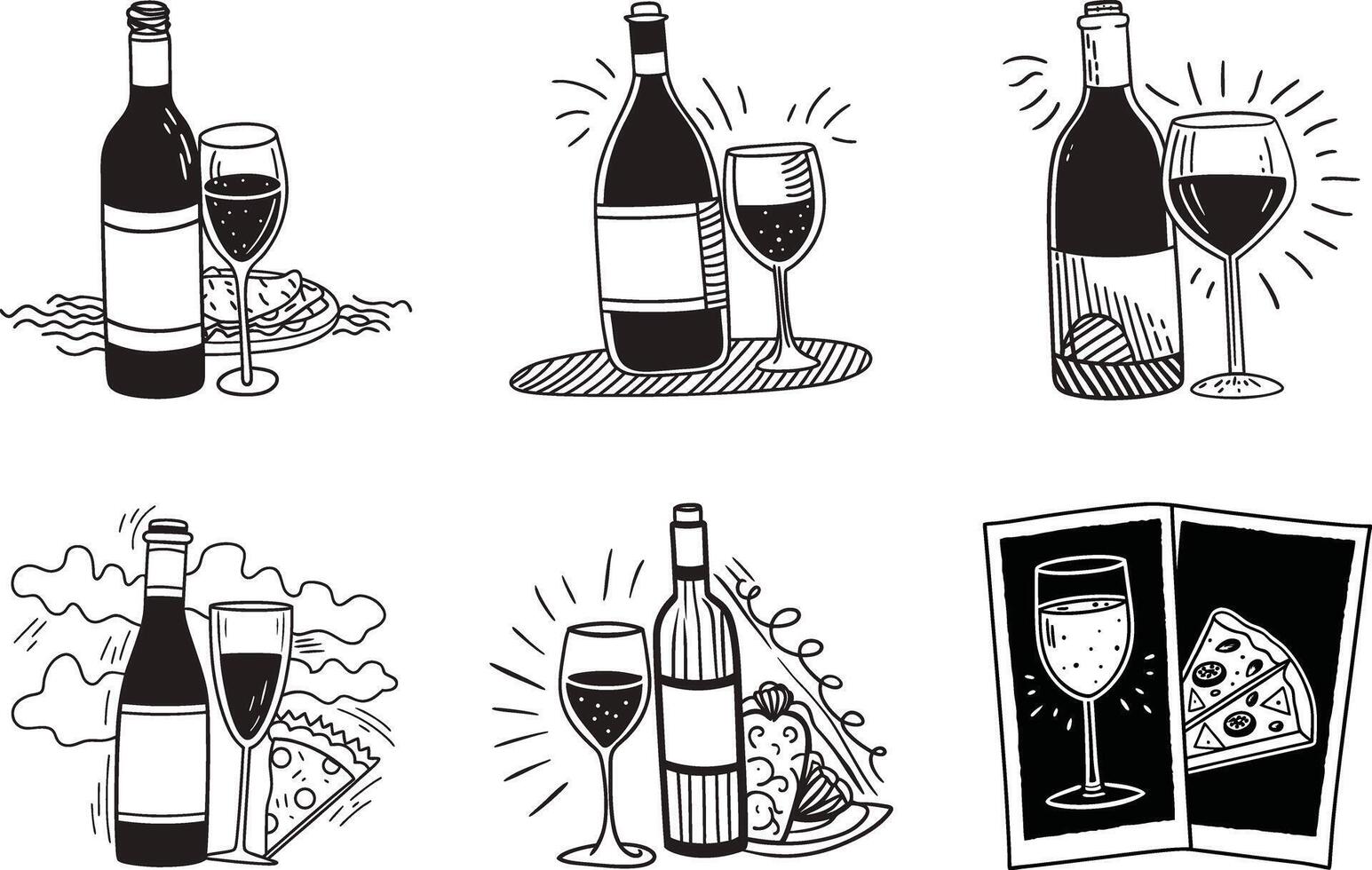 Wine bottle and glass doodle illustrations with food set vector