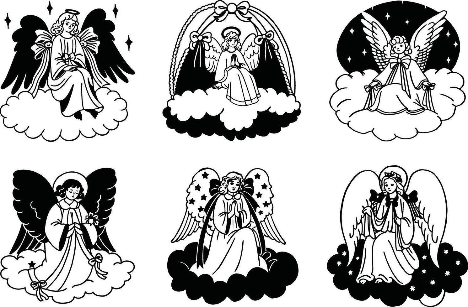 Six angel illustrations collection black and white style vector