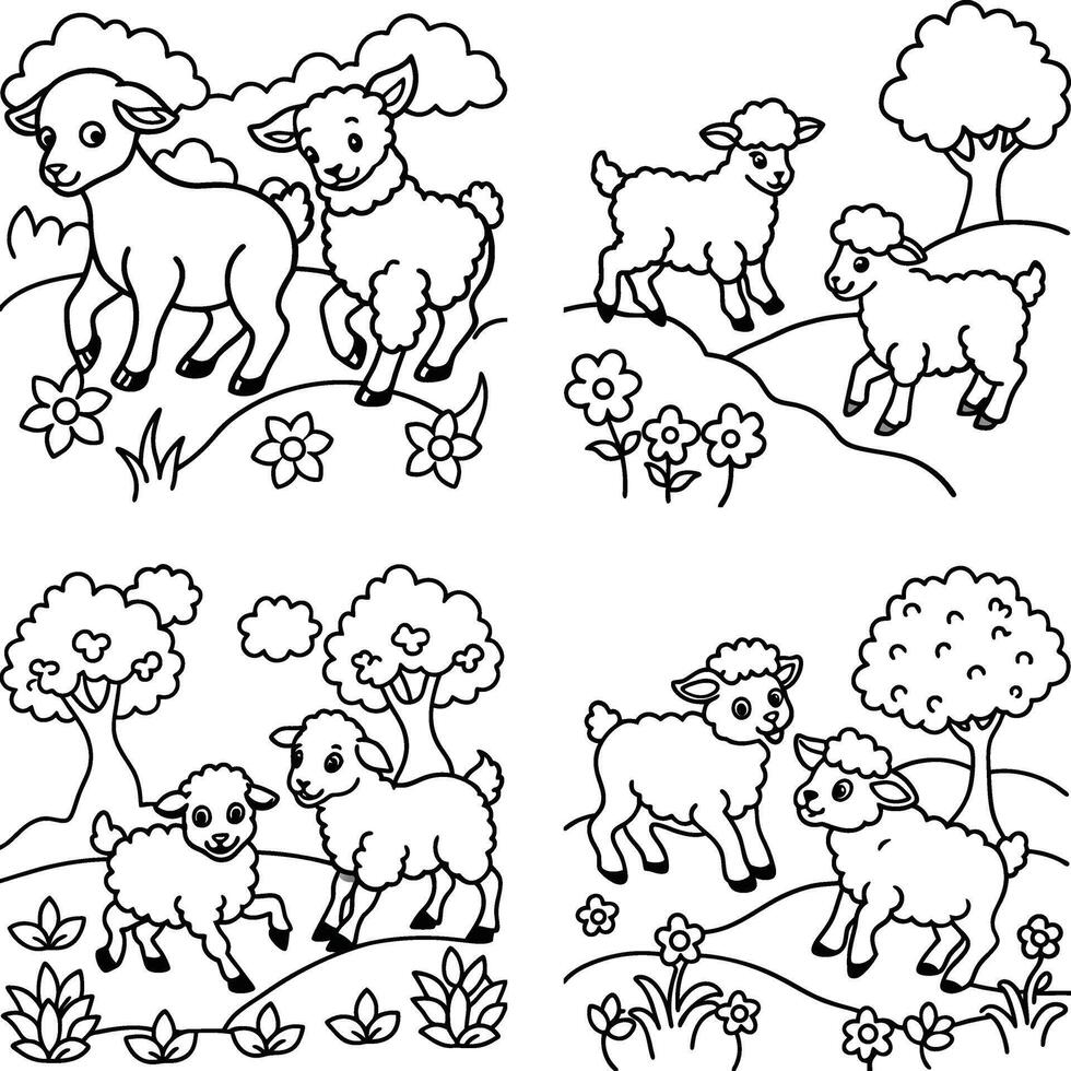 Cute cartoon sheep in different scenes outline illustration for coloring page vector