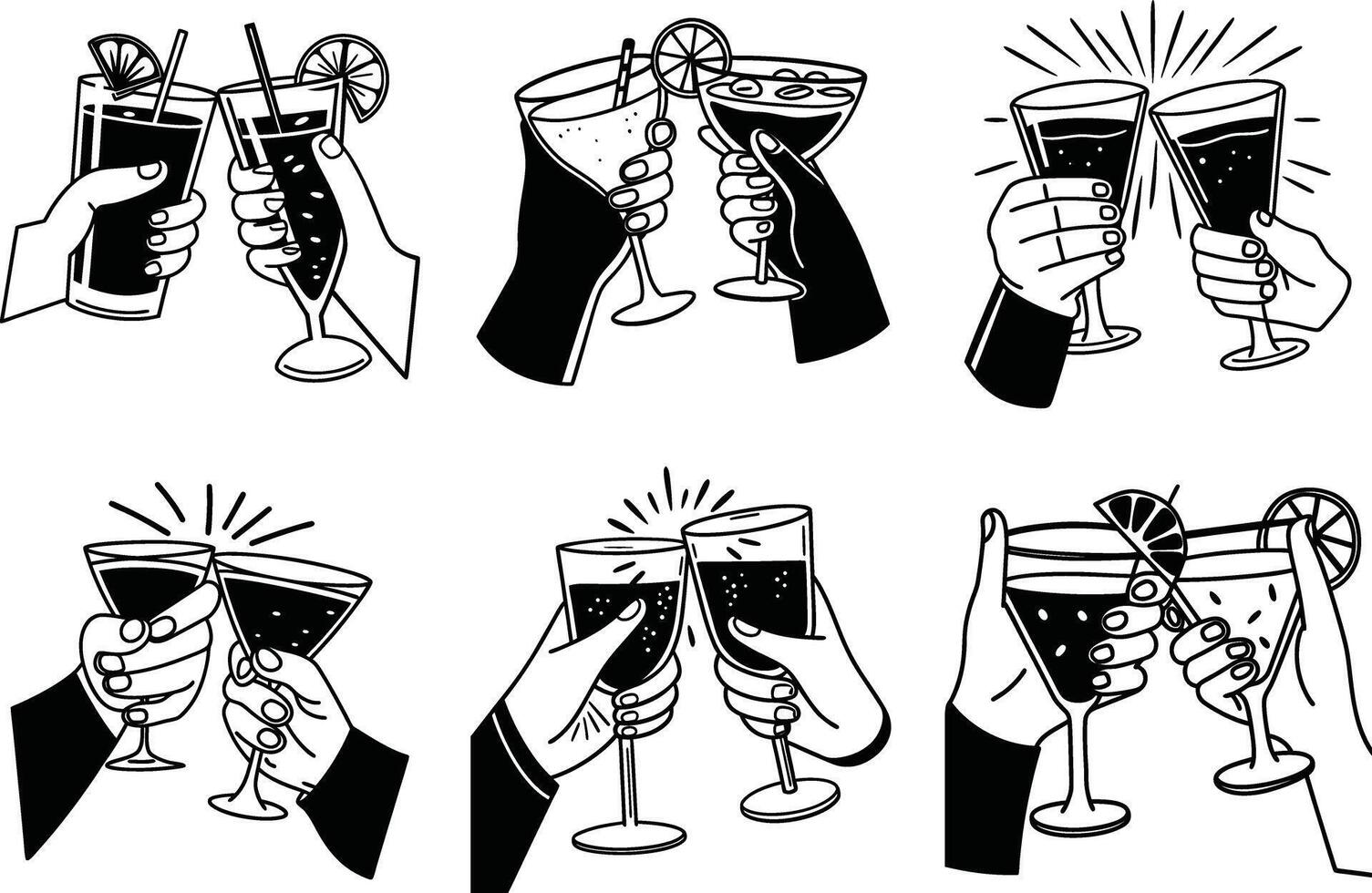 Black and white line art seamless pattern of hands toasting with cocktails vector