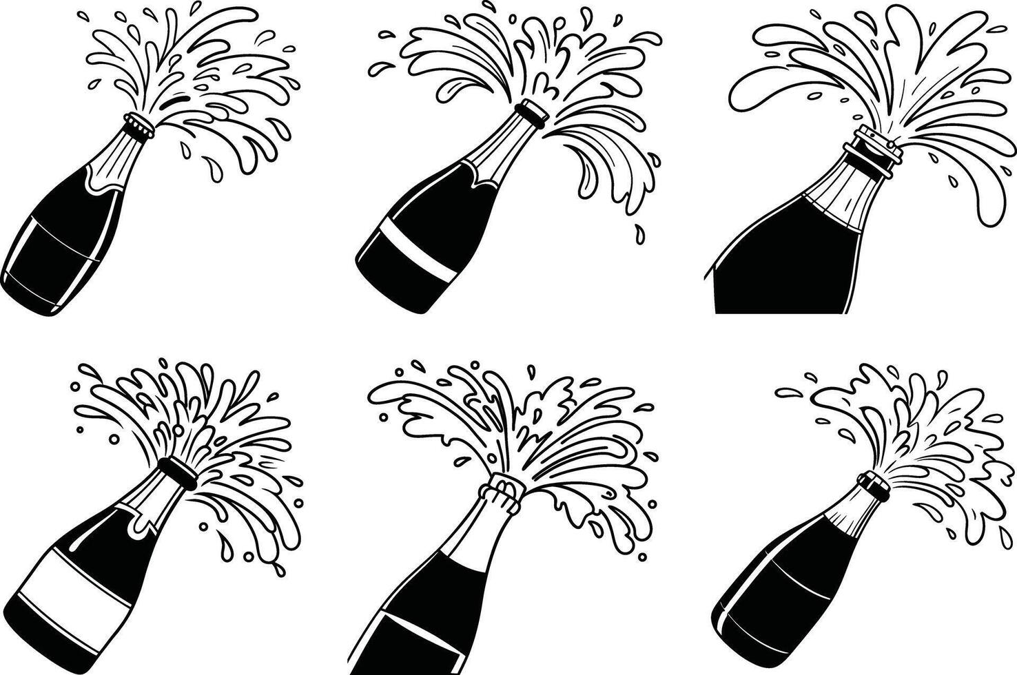 Champagne bottles popping with bubbles line art celebration and festivity icons vector
