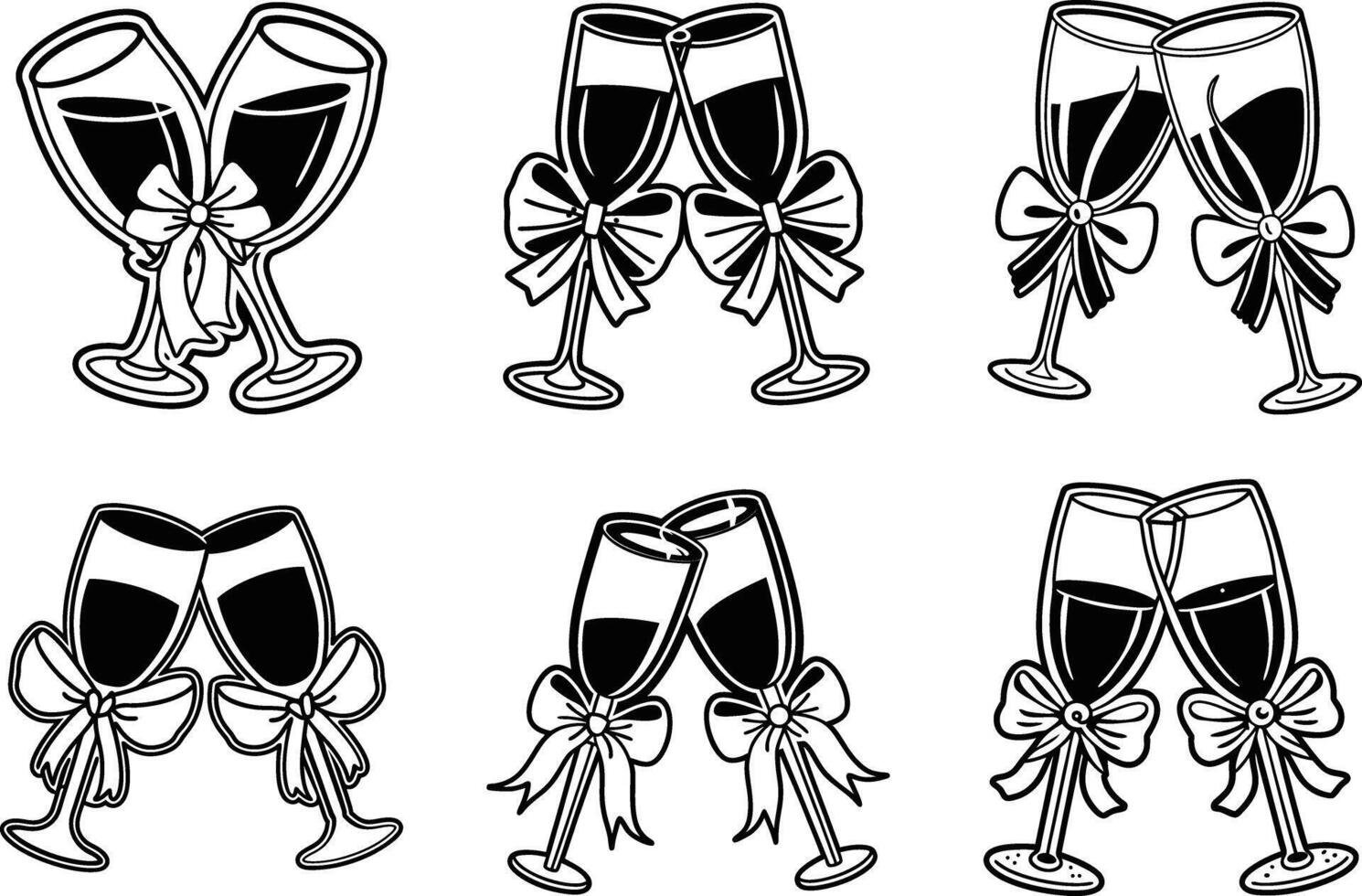 Black and white toasting champagne glasses with bows illustration set vector