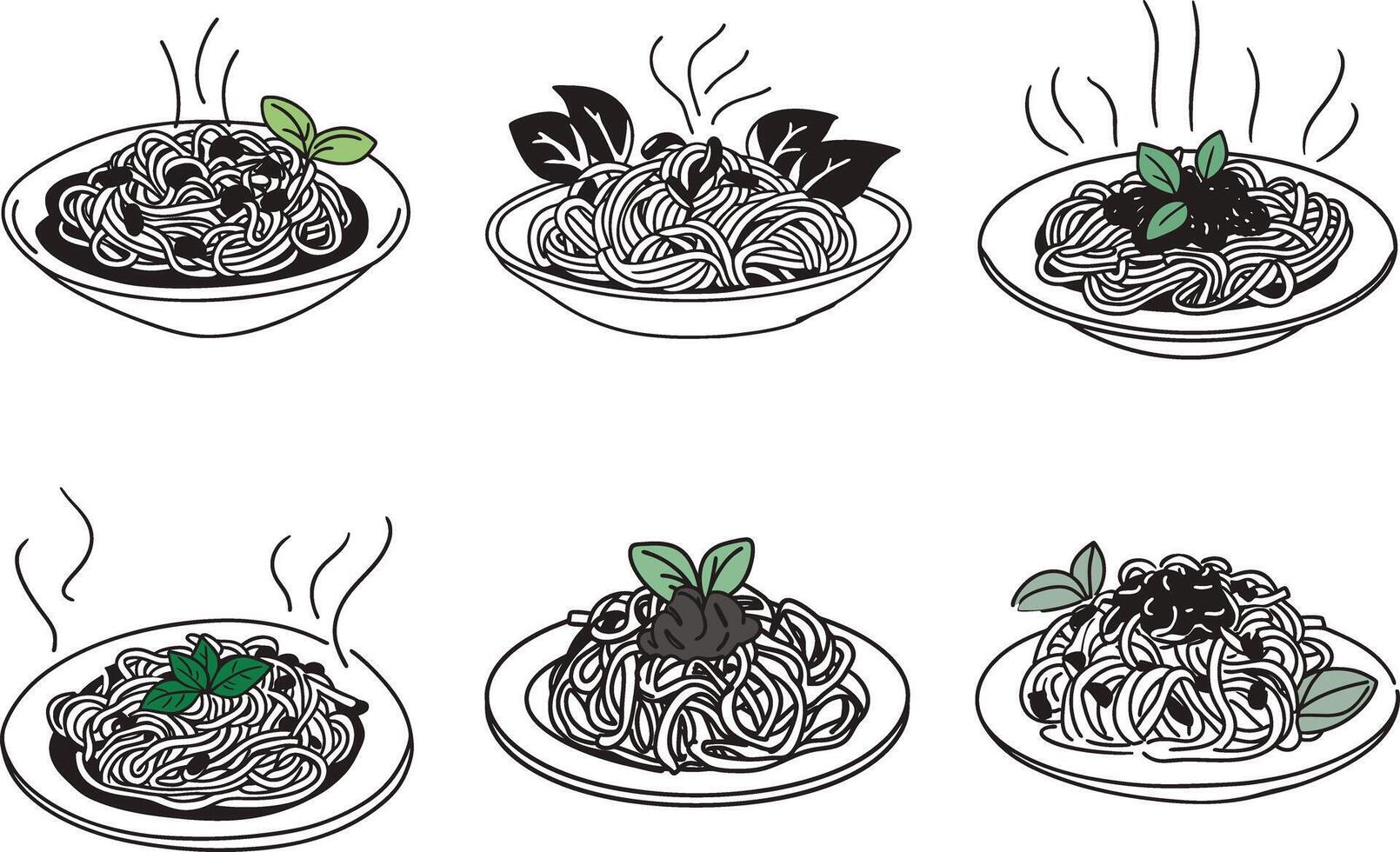 Spaghetti pasta dishes with basil leaves in graphic style illustration vector