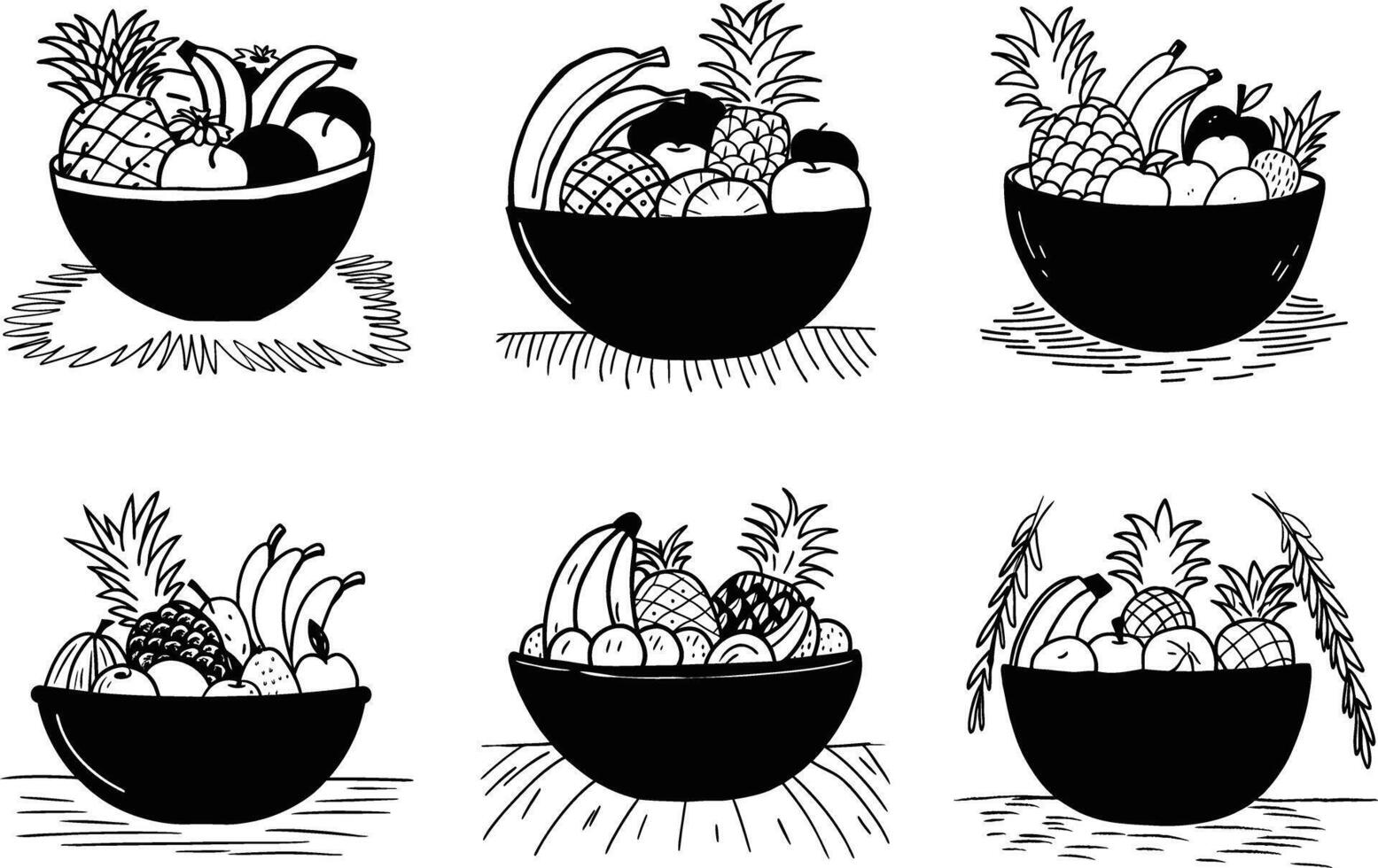 Monochrome bowls of fresh fruit still life line art composition vector