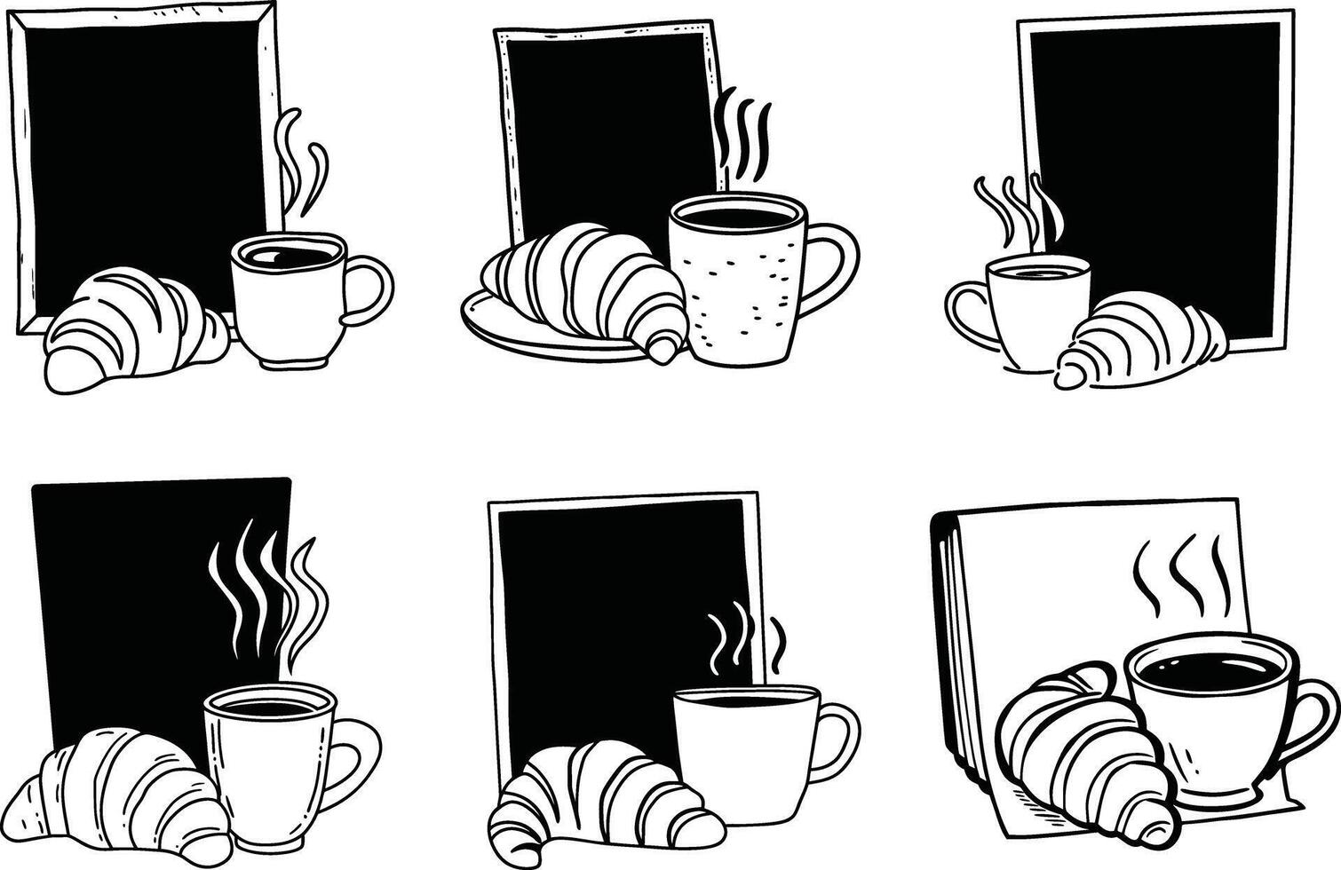 Black and white doodle set of coffee cup croissant and blank boards vector
