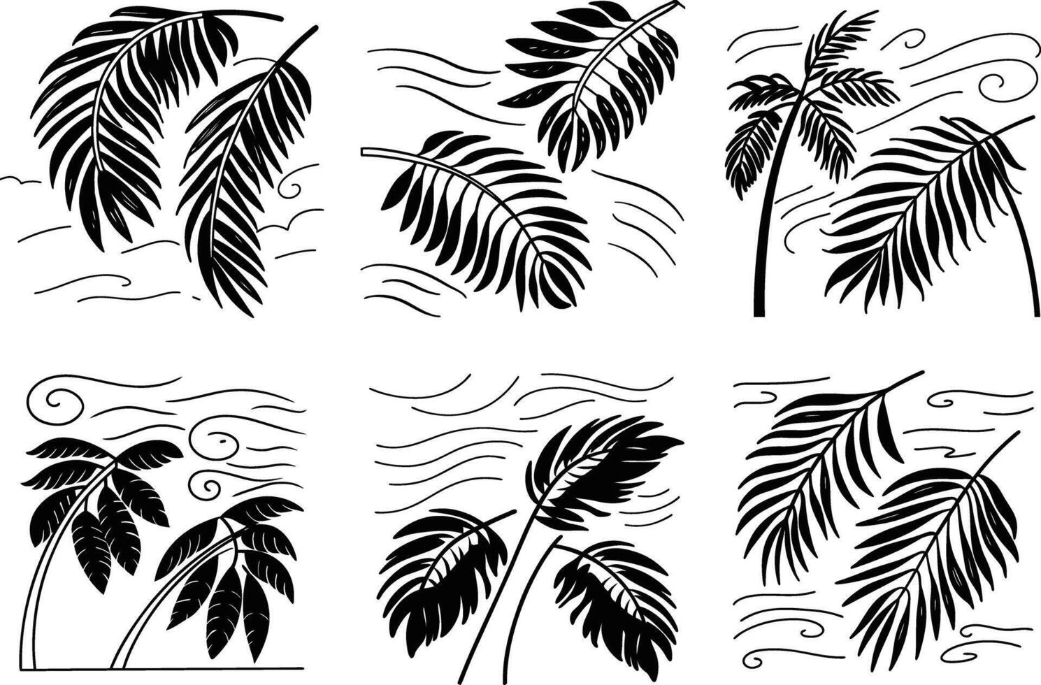 Set of black and white palm tree and leaf illustrations with wind effect vector