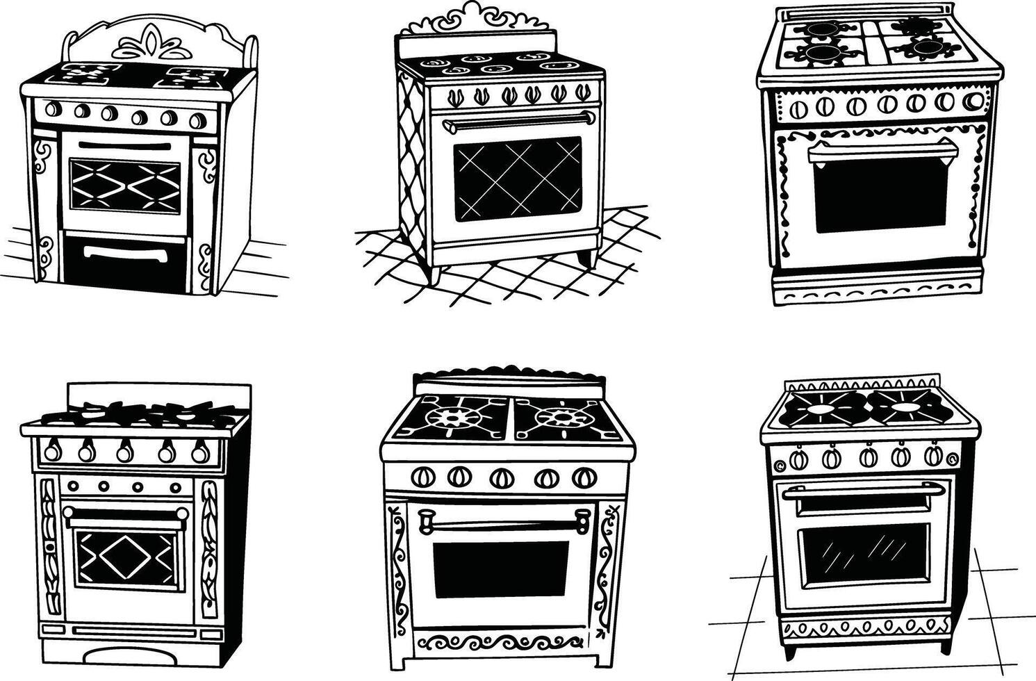Vintage stove collection hand drawn illustration for kitchen decor ideas and design elements vector