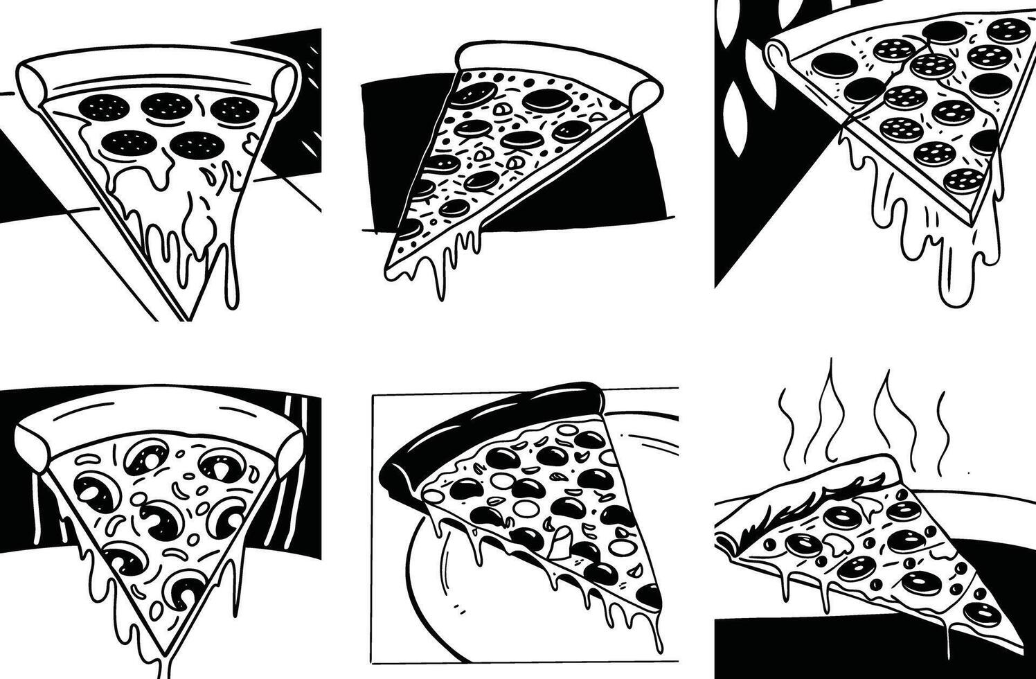 Black and white pizza slice illustrations with melting cheese and various toppings vector