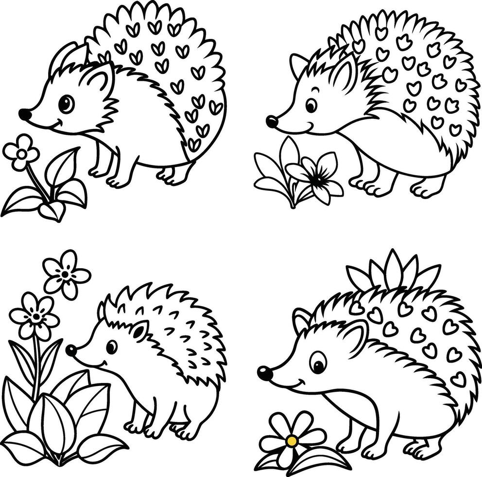 Cute cartoon hedgehog set outlined with flowers black and white vector