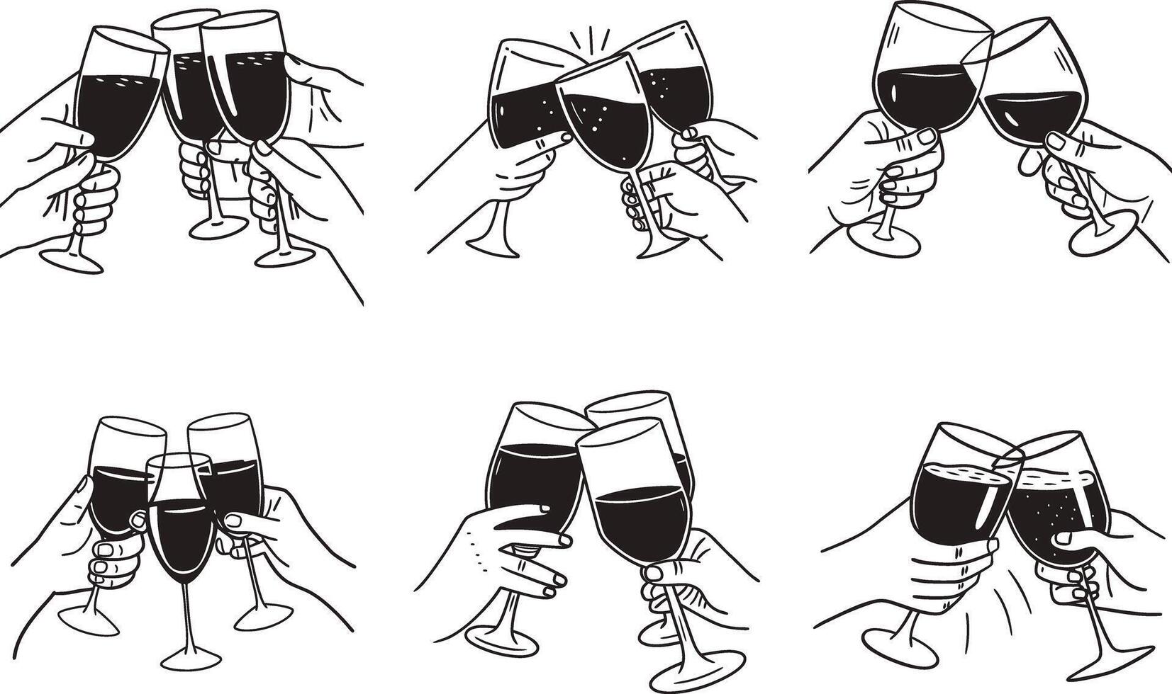 Black and white line art illustration of people toasting with wine glasses vector