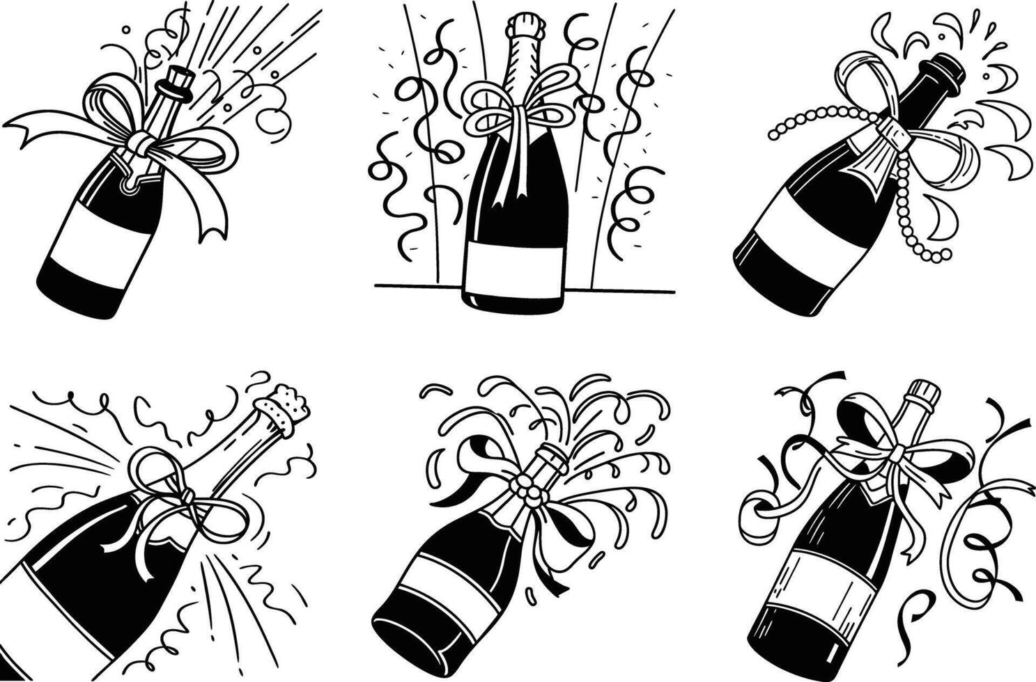 Celebration champagne bottles with ribbons and confetti festive black and white doodles vector