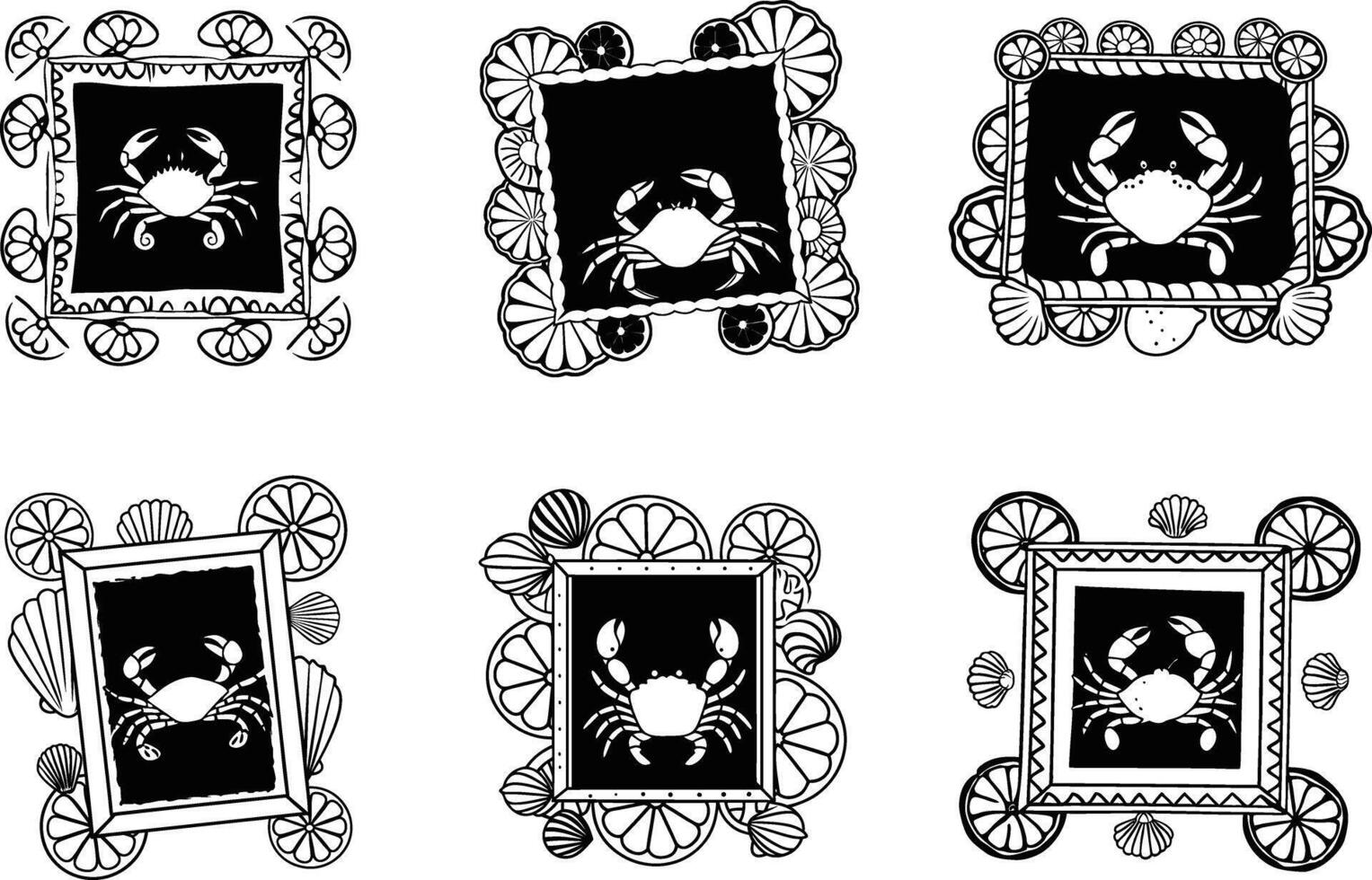 Black and white seamless pattern with crabs in frames and citrus motifs vector