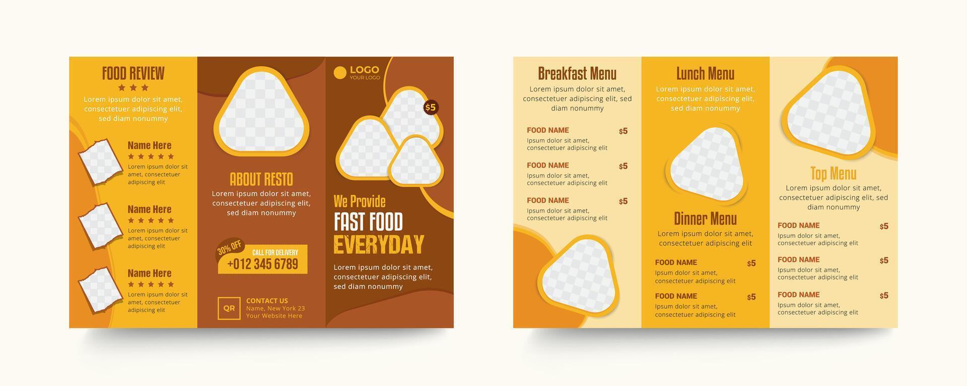 Modern fast food restaurant trifold menu design template vector