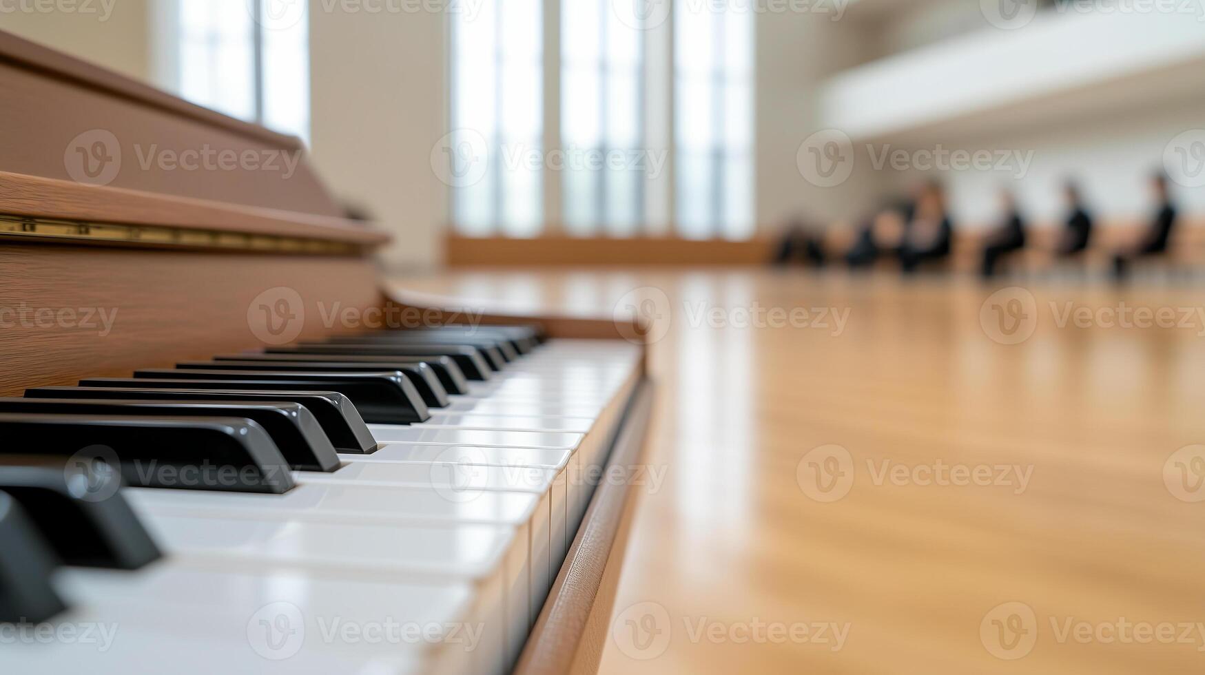 A close-up of a wooden piano keyboard with black and white keys, set against a blurred background of musicians seated in a spacious rehearsal room. photo