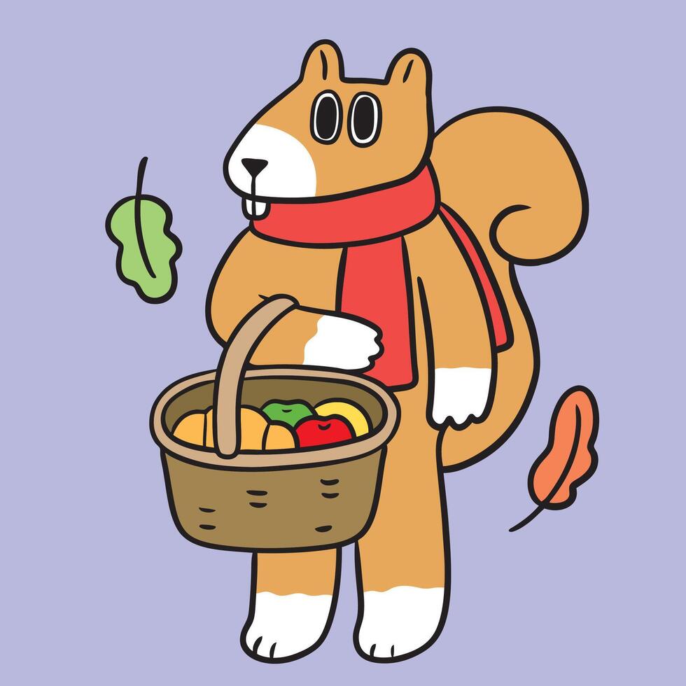 Cute cartoon squirrel holding a fruit basket element. vector