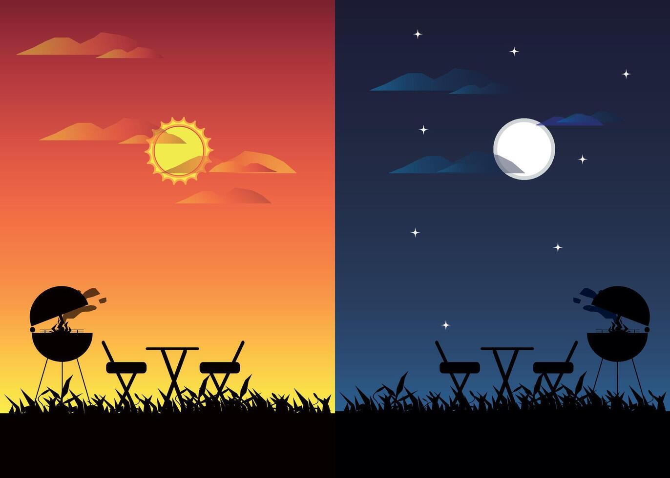 Day and night portrait background with barbecue silhouette. vector