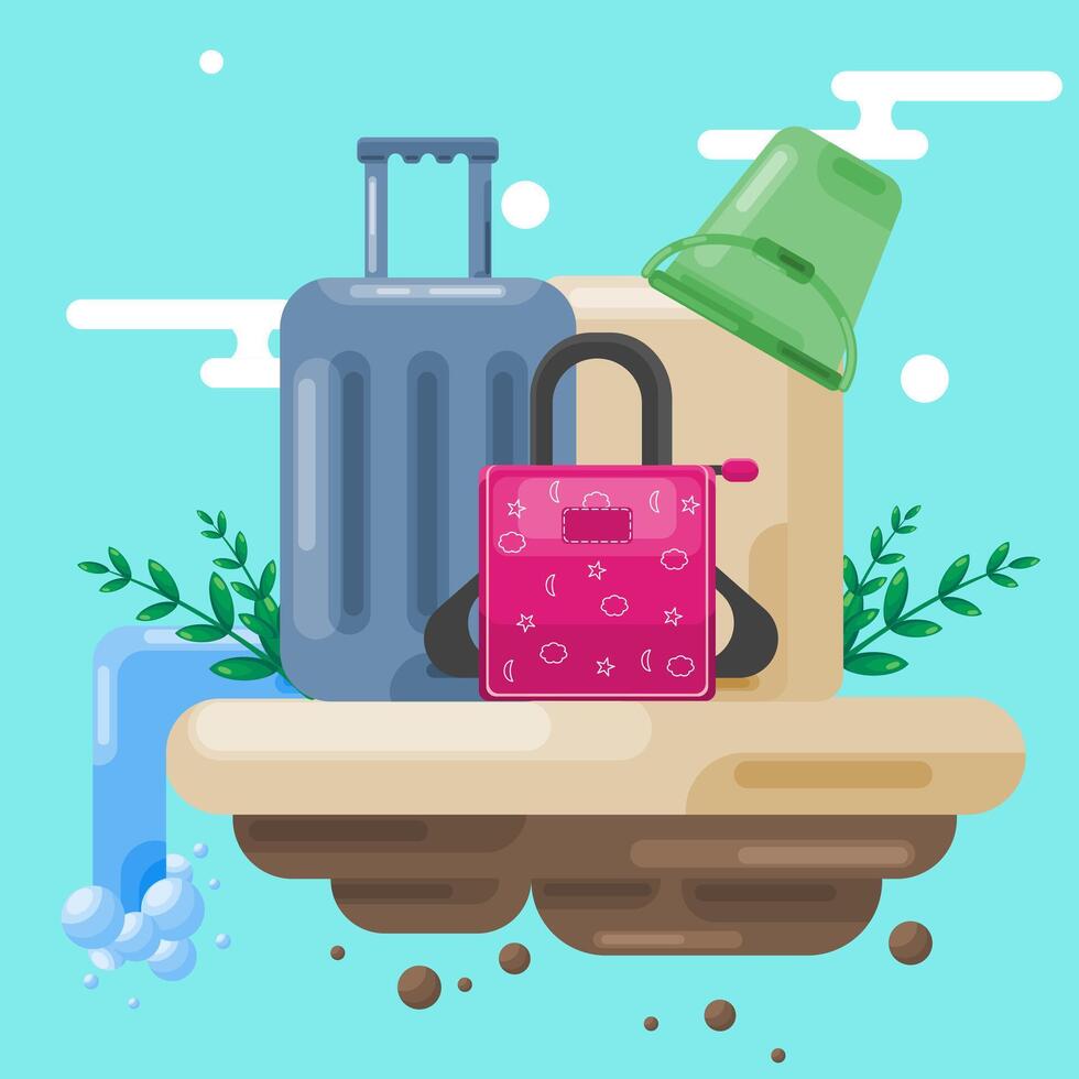 a set of suitcases for going on vacation and a green bucket with a natural background vector