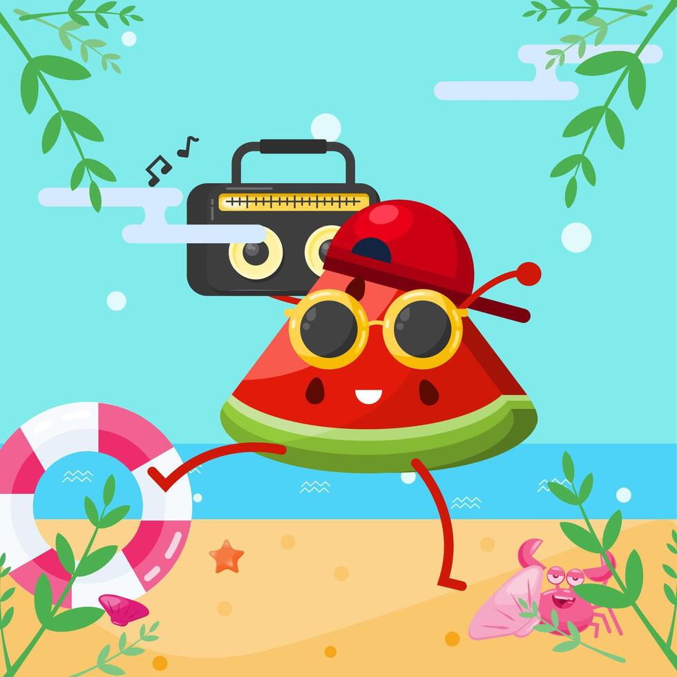 watermelon slice character is on the beach enjoying music vector