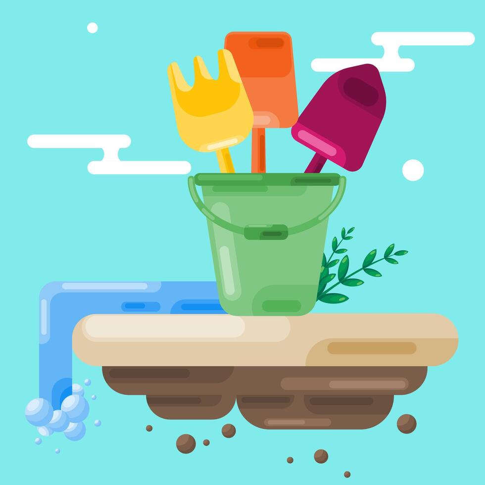 a set of sand play equipment, various shaped shovels and sand buckets vector