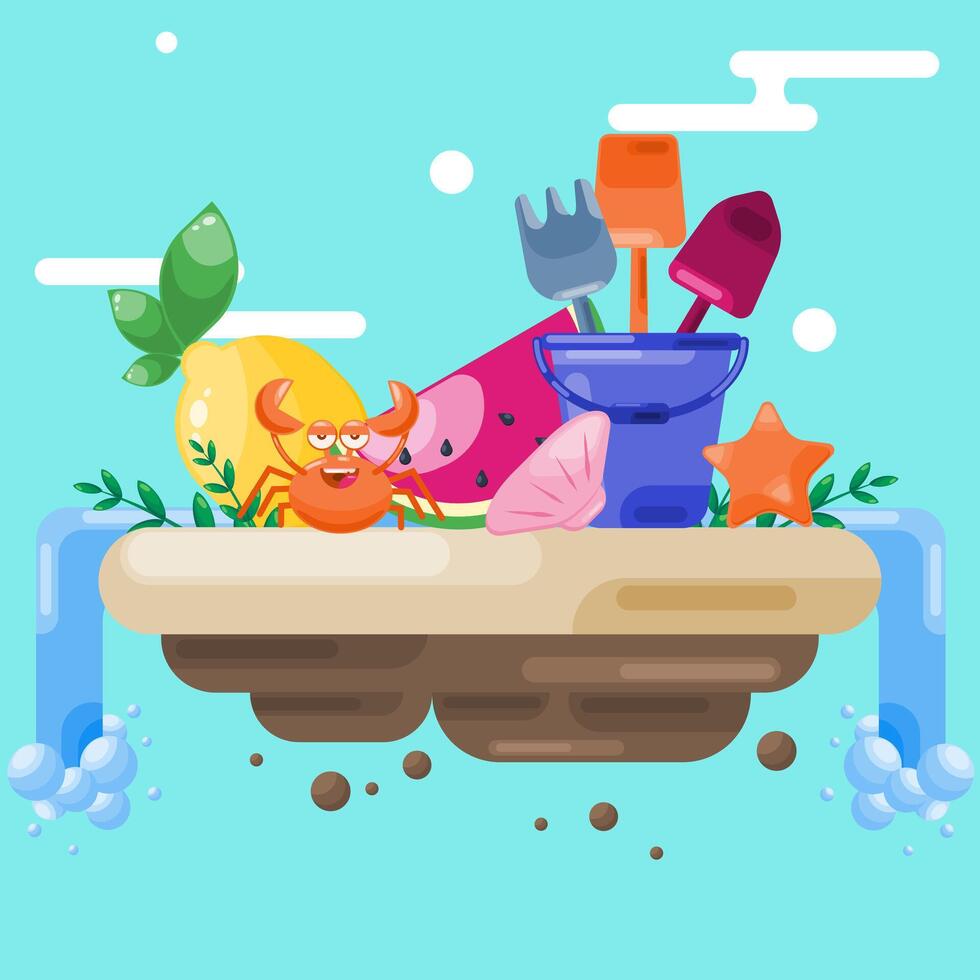 an island with a crab, a stream and summer fruits, a set of buckets and shovels for playing in the sand vector