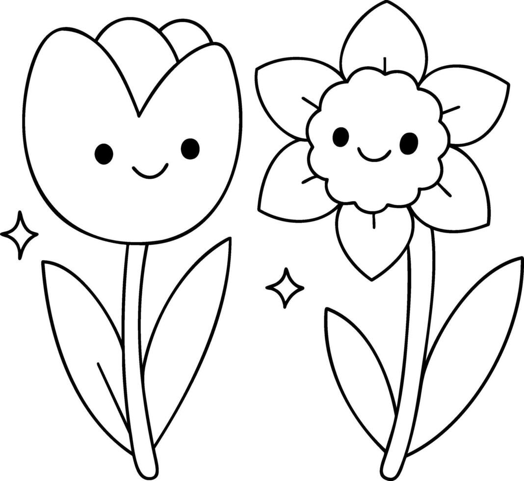 Cute flowers with smiling faces, perfect for springtime coloring activities vector