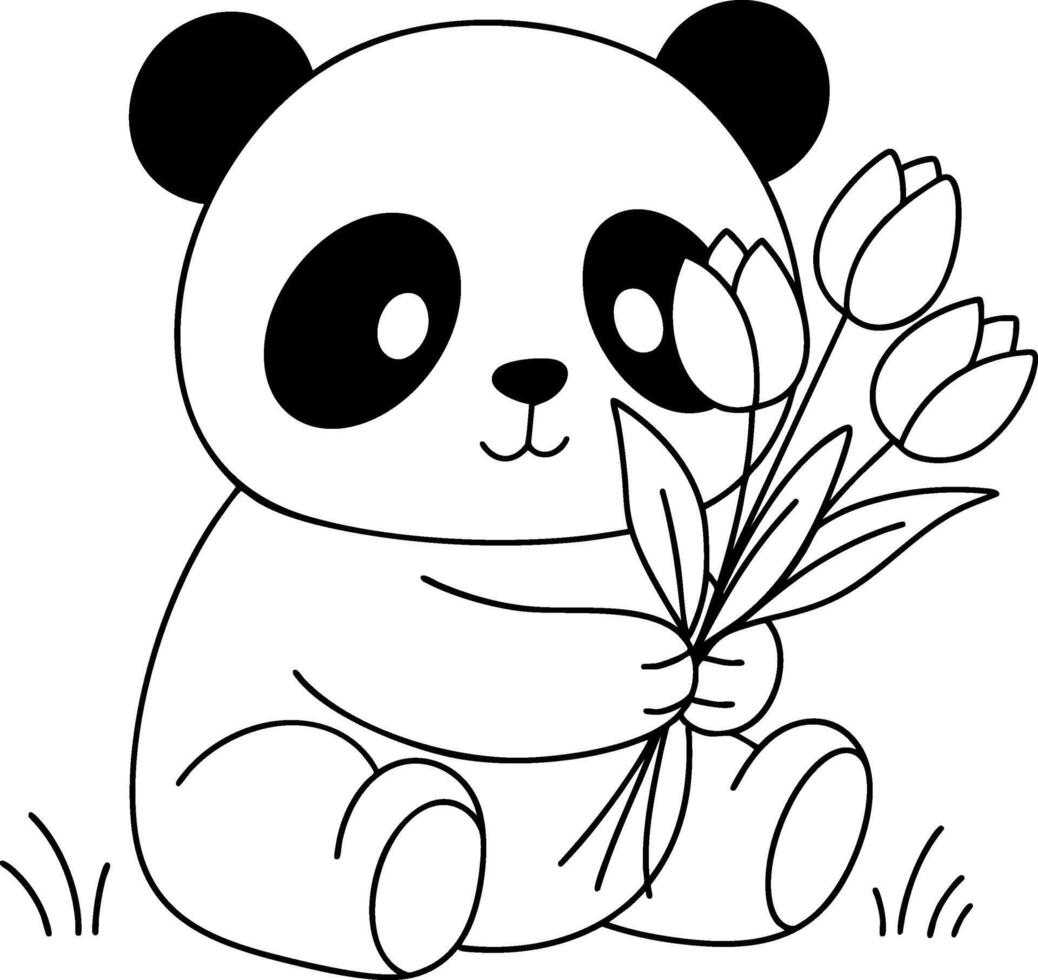 Cute panda sitting and holding tulip flowers vector