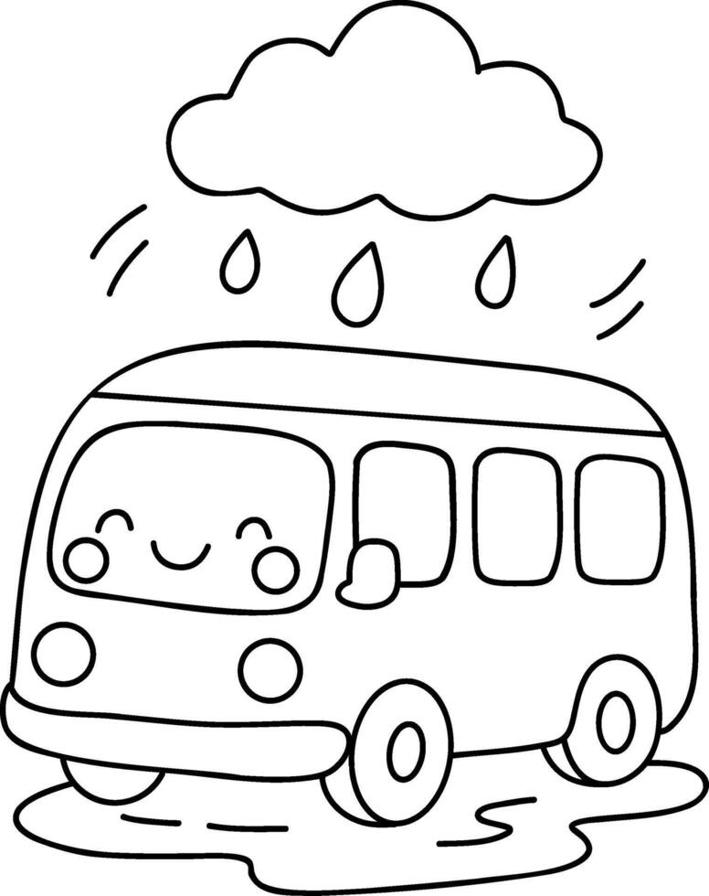 Cute cartoon bus with smiling face, rain clouds, and raindrops, perfect for rainy day theme vector