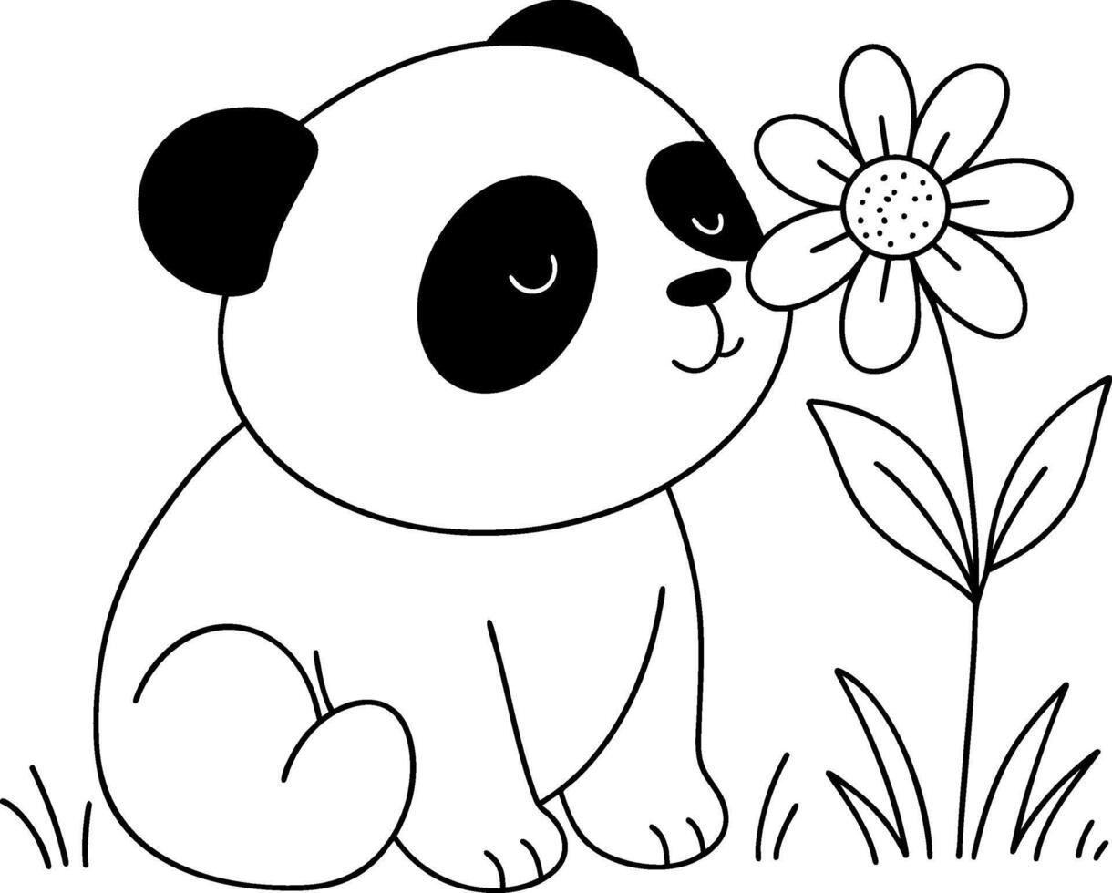 Cute panda sitting and smelling a flower vector