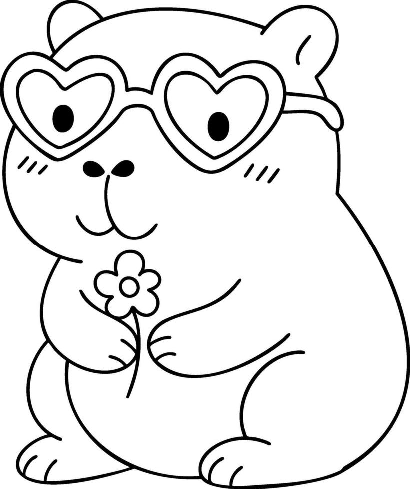 Cute capybara wearing heart shaped glasses and holding flower, radiating joy and charm vector