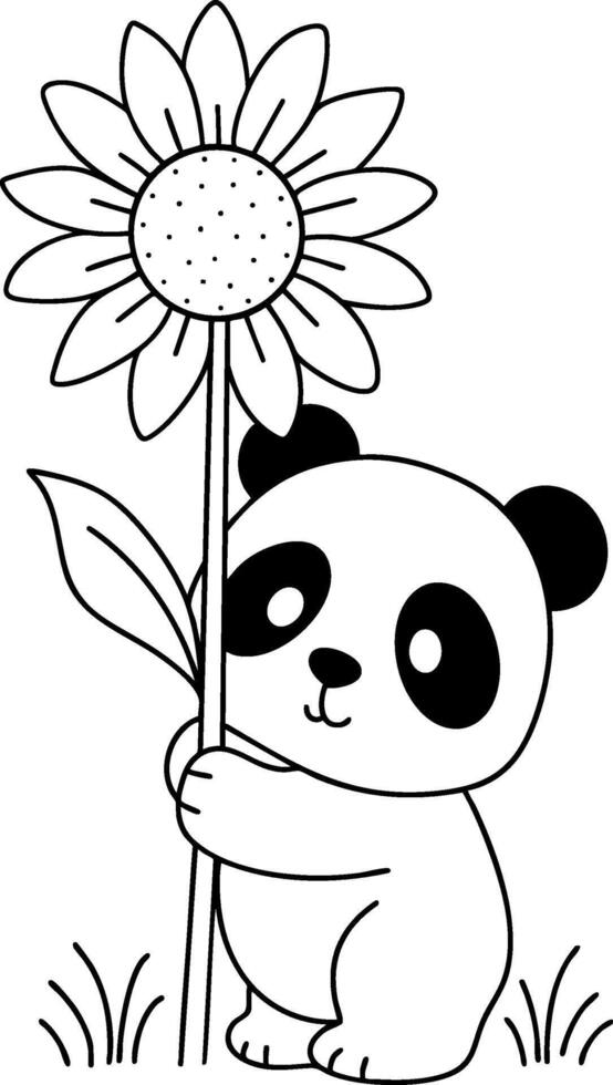Adorable panda sitting and hugging a tall sunflower plant vector