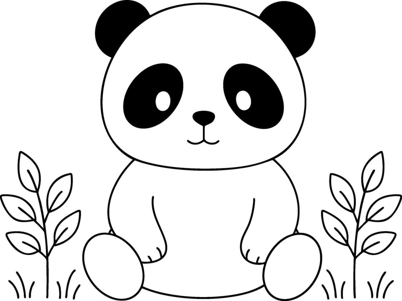 Cute panda sitting between leafy plants vector