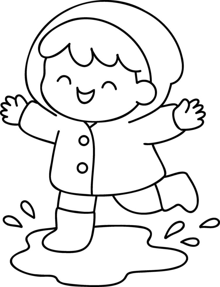 cheerful child in raincoat jumps in puddle, enjoying rainy day vector