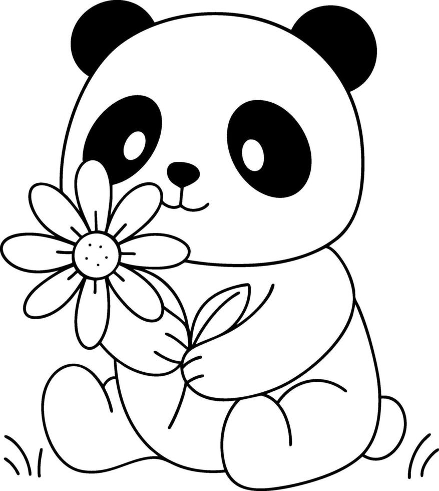 Cute panda sitting and holding a big flower vector
