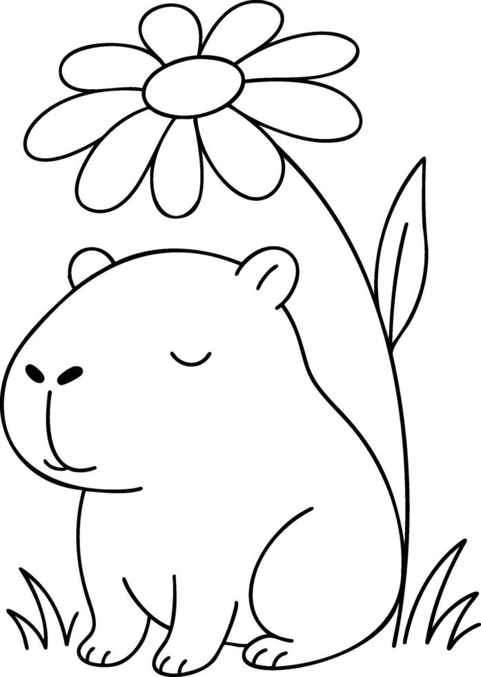 Cute capybara sitting beside flower, evoking peaceful spring vibe vector