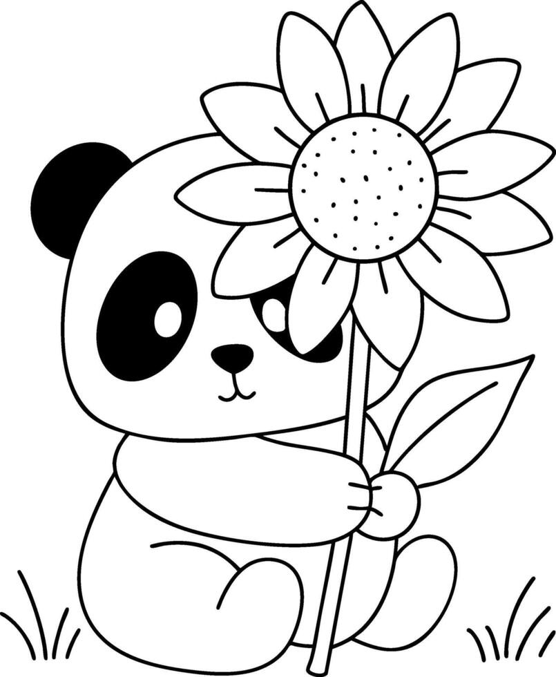 Adorable panda sitting with flower crown smiling on grass vector